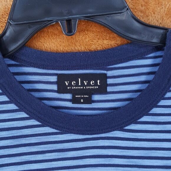 VELVET GRAHAM SPENCER Mens Shirt Small Blue Stripe Pullover Crew Pocket Tee - Picture 3 of 8